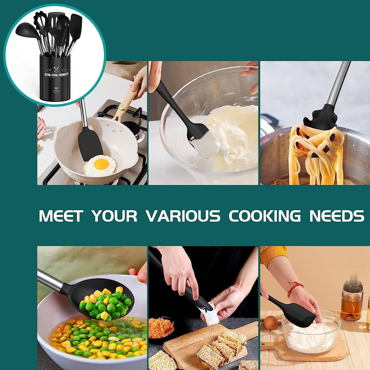 Silicone Cooking Utensil Set, 15Pcs Silicone Cooking Kitchen Utensils Set, Non-Stick - Best Kitchen Cookware with Stainless Steel Handle - Black Kitchen Utensils