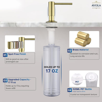 Brushed Gold Sink Soap Dispenser, Solid Brass Pump Head Liquid Lotion Countertop Kitchen Bathroom Soap Dispenser with 17 OZ PET Large Bottle