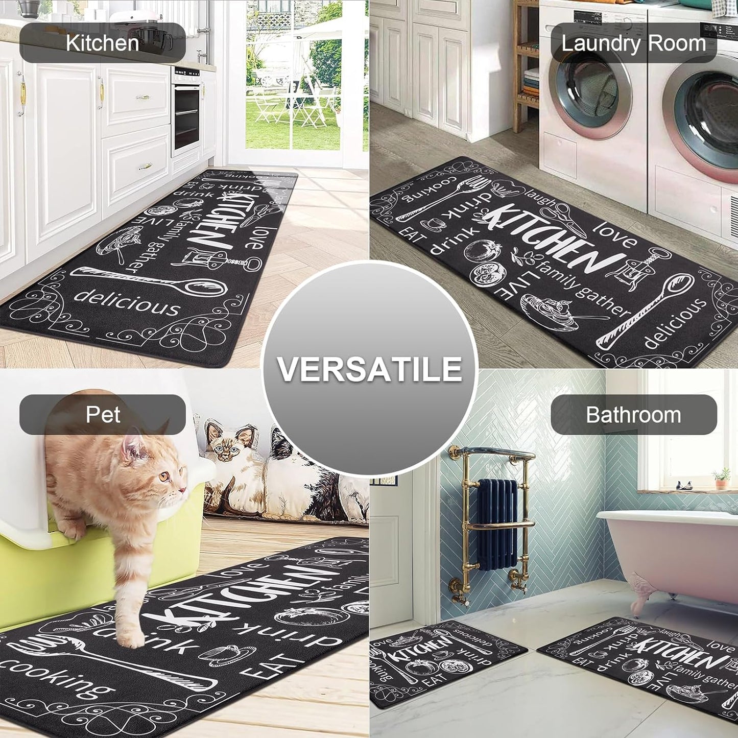 Kitchen Rugs Set of 2, Cushioned anti Fatigue Kitchen Mats for Floor, Non Slip Waterproof Comfort Standing Desk Mat Carpet for Sink, Stove, Laundry Room, Black
