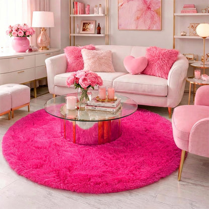 Hot Pink round Rugs 5Ft for Girls Bedroom, Fluffy Circle Area Rug for Kids Room Decor Aesthetic, Shag Plush Fuzzy Furry Carpet for Living Room, Nursery, Dorm, Classroom, Teen, Cute Princess Baby Rug