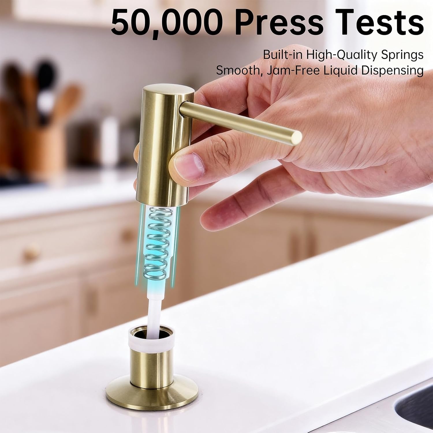 Brushed Gold Sink Soap Dispenser, Solid Brass Pump Head Liquid Lotion Countertop Kitchen Bathroom Soap Dispenser with 17 OZ PET Large Bottle