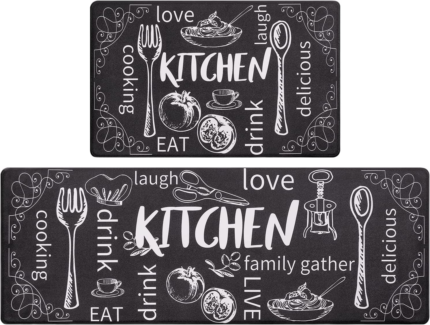 Kitchen Rugs Set of 2, Cushioned anti Fatigue Kitchen Mats for Floor, Non Slip Waterproof Comfort Standing Desk Mat Carpet for Sink, Stove, Laundry Room, Black