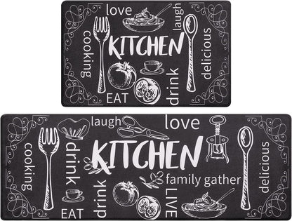 Kitchen Rugs Set of 2, Cushioned anti Fatigue Kitchen Mats for Floor, Non Slip Waterproof Comfort Standing Desk Mat Carpet for Sink, Stove, Laundry Room, Black