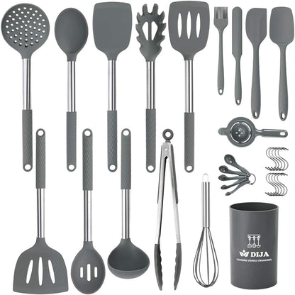 Cooking Utensils Set, Kitchen Utensils 31Pcs Cooking Utensils Set, Heat Resistant Non-Stick Silicone Kitchen Spatula Set with Stainless Steel Handle - Gray (BPA Free, Non Toxic)