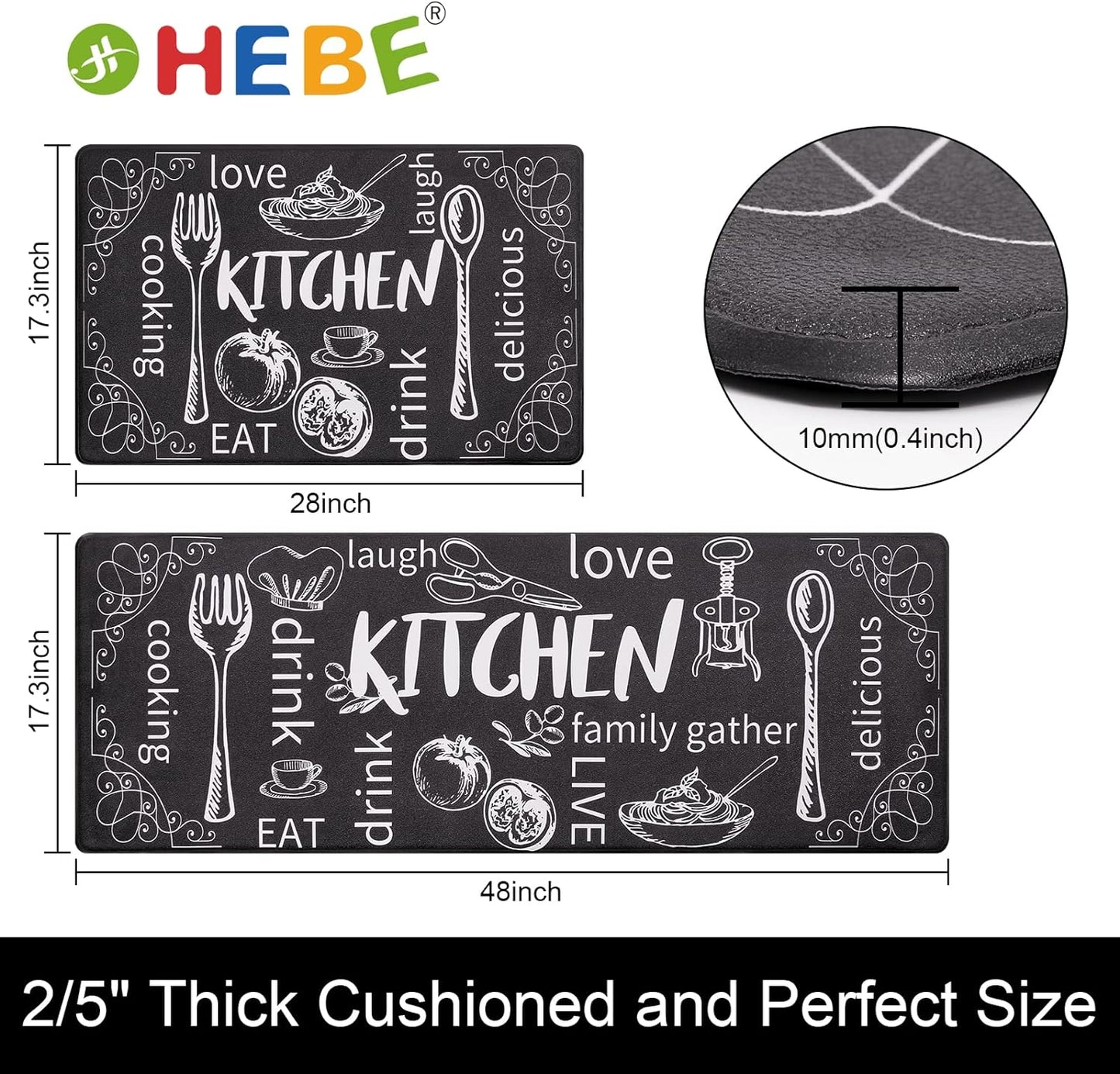 Kitchen Rugs Set of 2, Cushioned anti Fatigue Kitchen Mats for Floor, Non Slip Waterproof Comfort Standing Desk Mat Carpet for Sink, Stove, Laundry Room, Black