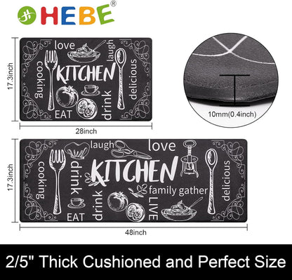 Kitchen Rugs Set of 2, Cushioned anti Fatigue Kitchen Mats for Floor, Non Slip Waterproof Comfort Standing Desk Mat Carpet for Sink, Stove, Laundry Room, Black