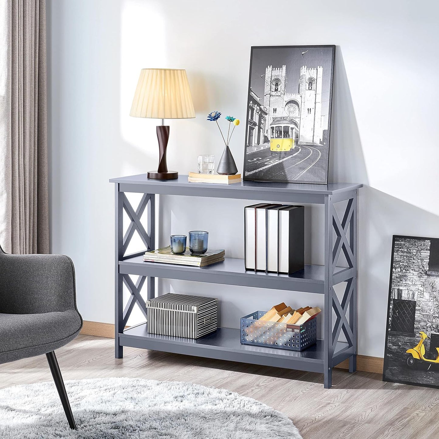 Yaheetech Console Table with 3 Storage Shelves, Entryway Table Sofa Side Table Narrow Long Bookshelf for Hallway Living Room, Accent Furniture, Gray