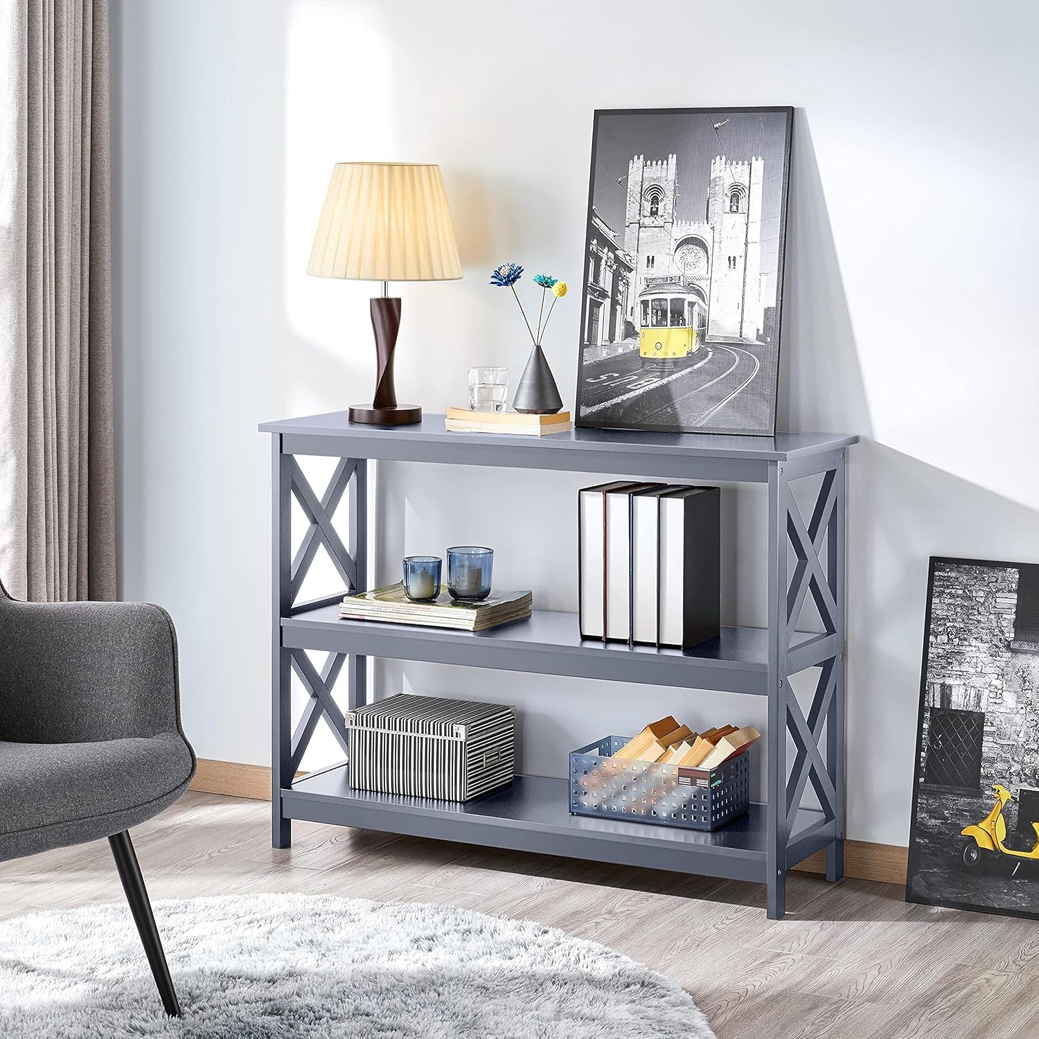 Yaheetech Console Table with 3 Storage Shelves, Entryway Table Sofa Side Table Narrow Long Bookshelf for Hallway Living Room, Accent Furniture, Gray