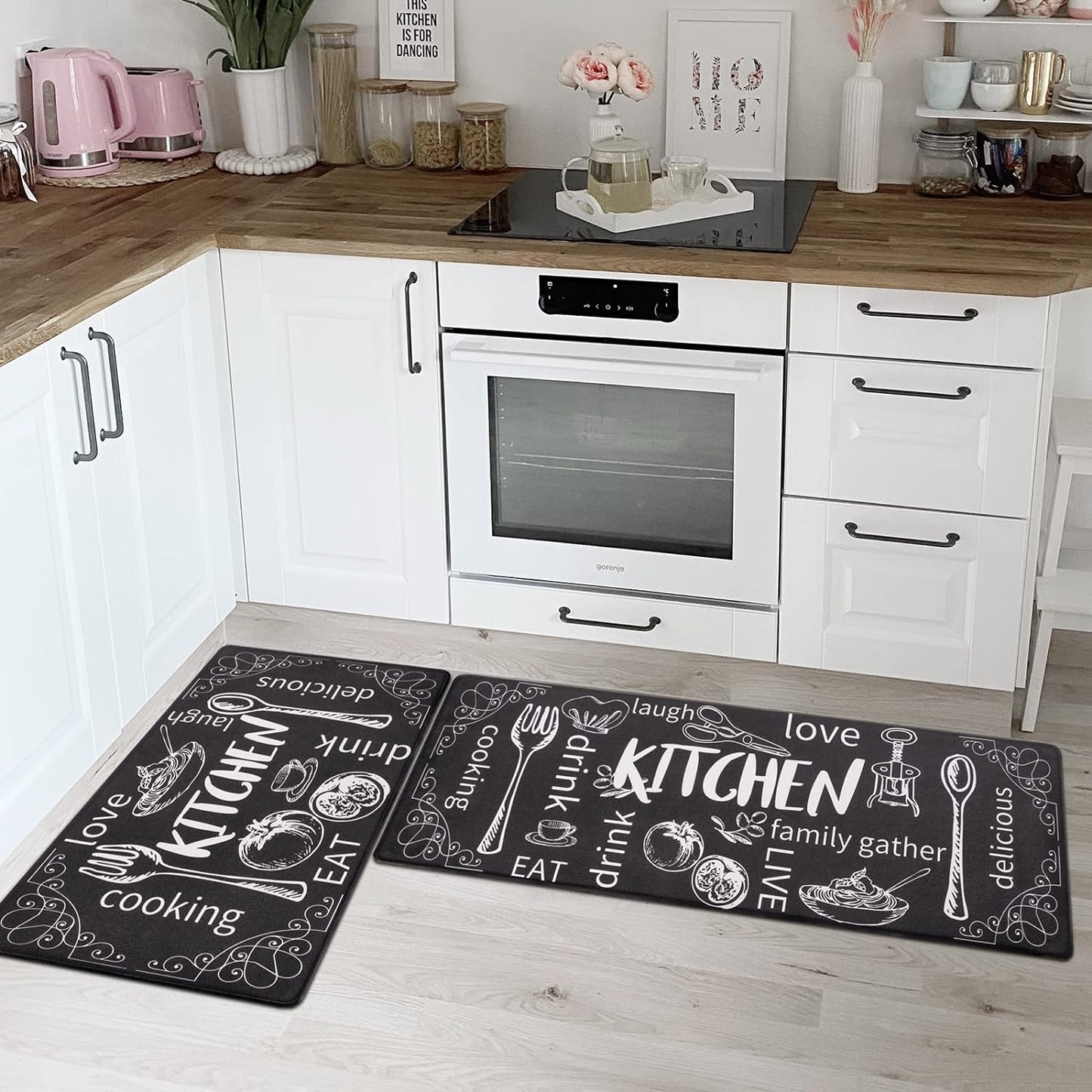 Kitchen Rugs Set of 2, Cushioned anti Fatigue Kitchen Mats for Floor, Non Slip Waterproof Comfort Standing Desk Mat Carpet for Sink, Stove, Laundry Room, Black